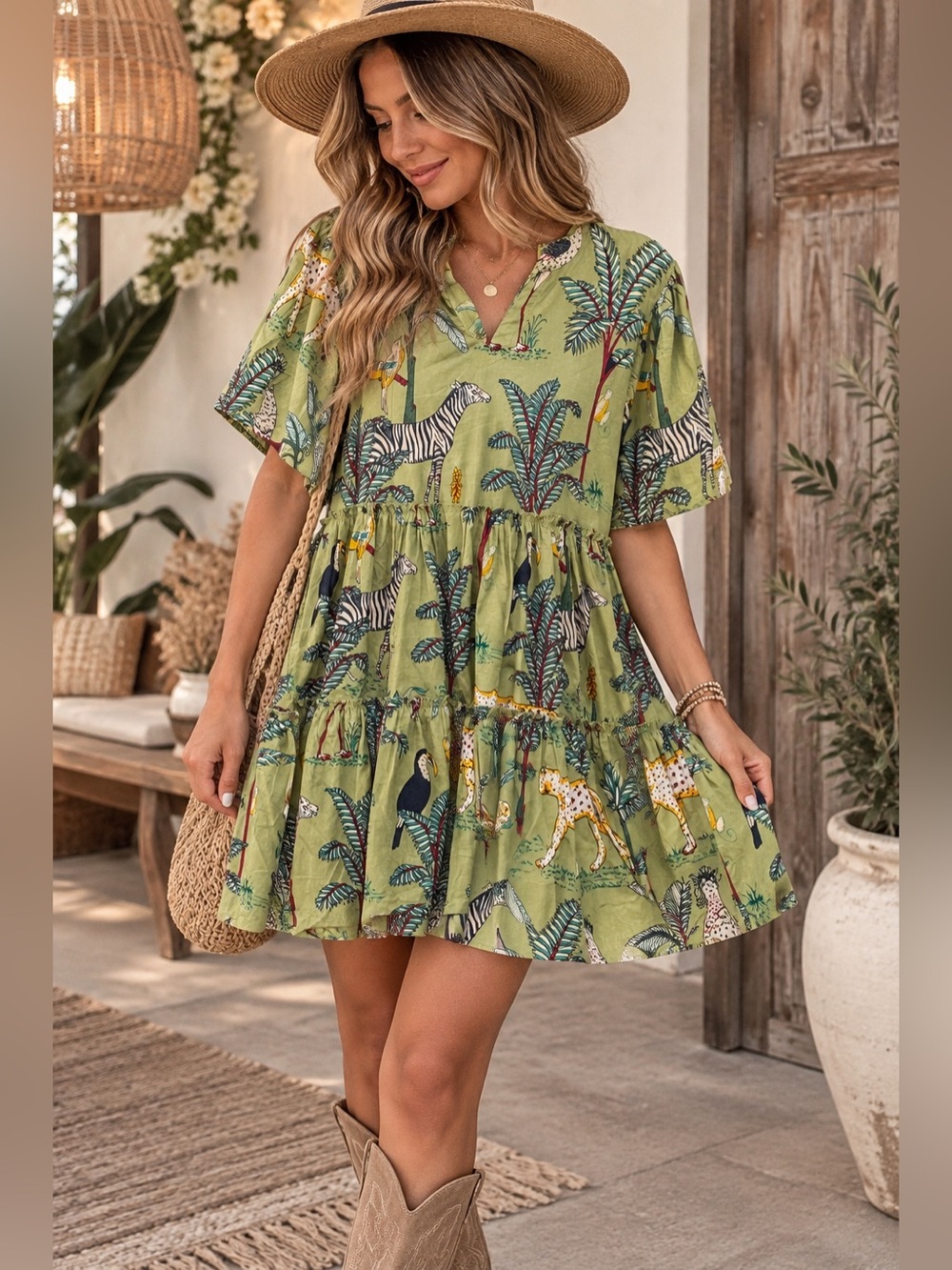 Fox & Hen tiered dress jungle print size small